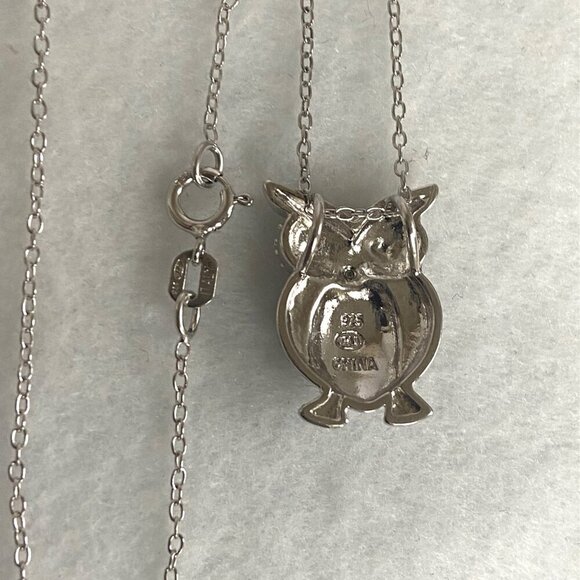 Sterling Silver 925 Black White Owl Single Diamond Pendant Necklace 18" Chain - Picture 8 of 16